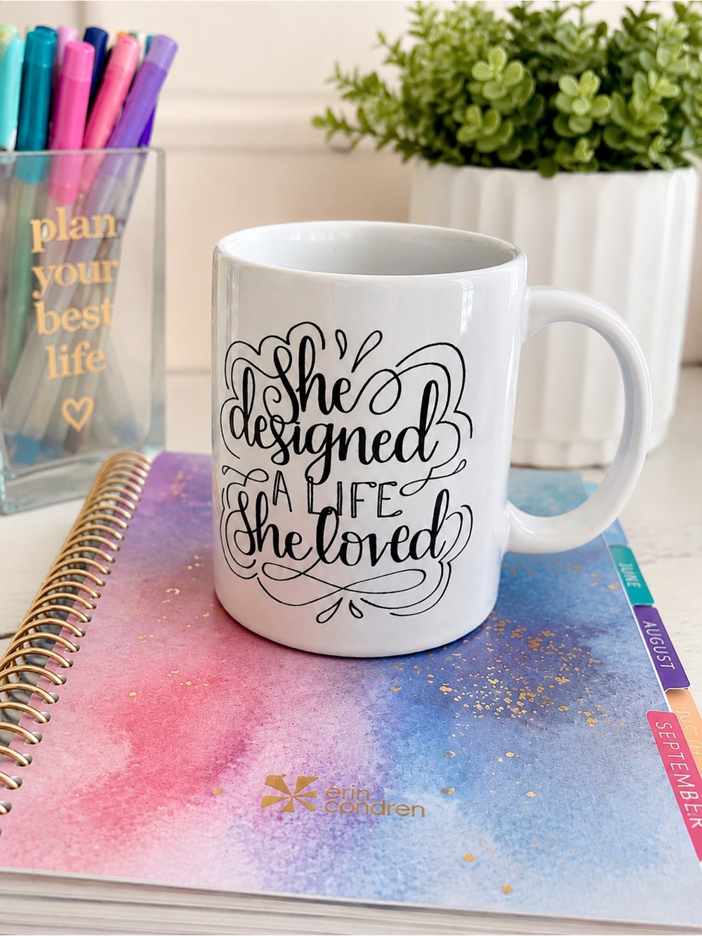 Erin Condren White Ceramic Mug with Black Script Quote